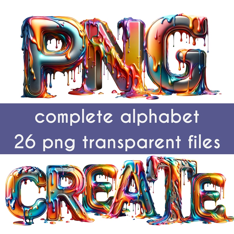 May include: Colorful dripping paint alphabet letters spelling out the word "PNG" and the word "CREATE".  The letters are 3D and have a metallic sheen.  The paint is dripping down the letters in a variety of colors, including red, orange, yellow, green, blue, and purple.