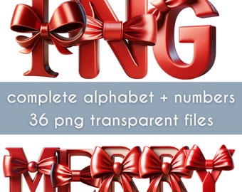 Christmas Letters, Doodle Letters, Doodle Font, Christmas Alphabet PNG, Bow Letters, Red Bows PNG, Christmas Doodle Letters, 3D Letters