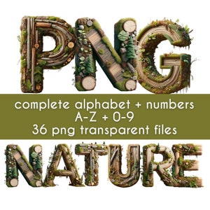 Natureza PNG, letras de Doodle, fonte de Doodle, letras 3D, alfabeto PNG, download digital, clipart de floresta, alfabeto 3D, tema de floresta