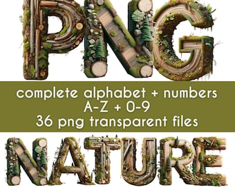 Könnte beinhalten: Ein Satz von 36 PNG-Dateien mit einem vollständigen Alphabet und Zahlen, wobei jeder Buchstabe und jede Zahl aus Holz, Moos und anderen natürlichen Elementen besteht. Das Wort "NATUR" ist im Bild ausgeschrieben.