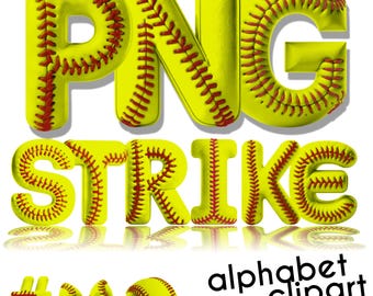 May include: A set of yellow and red softball alphabet letters that spell out "PNG STRIKE". The letters are 3D and have a stitched baseball texture. The letters are on a white background with a shadow underneath. The text "alphabet clipart" is below the letters.
