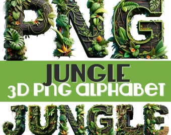Könnte beinhalten: 3D Dschungel-Alphabetbuchstaben PNG. Die Buchstaben sind aus Holz und mit Ranken, Blättern und Blumen bedeckt. Die Buchstaben buchstabieren das Wort "JUNGLE".