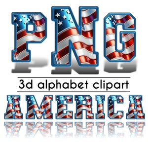 Clipart de alfabeto 3D da bandeira americana, letras e números patrióticos, pacote de clipart dos EUA, letras de doodle, download digital PNG, conjunto alfa POD