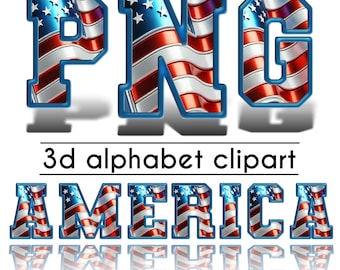 American Flag 3D Alphabet Clip Art, Patriotic Letters and Numbers, USA Clipart Bundle, Doodle Letters, Digital Download PNG, Alpha Set POD