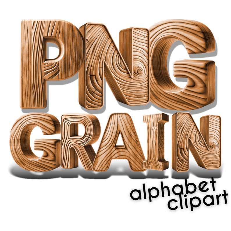 May include: Wooden letters spelling out "PNG GRAIN" in a 3D style with a wood grain texture. The letters are brown and have a light wood grain pattern. The text "alphabet clipart" is below the letters.