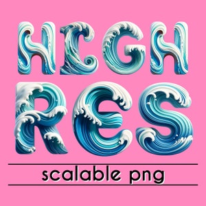 K&ouml;nnte beinhalten: Hochaufl&ouml;sendes Bild des Wortes "HIGH RES" in Blau und Wei&szlig;, wobei jeder Buchstabe aus einem stilisierten Wellendesign besteht. Der Text befindet sich auf einem rosa Hintergrund und die Worte "scalable png" befinden sich unter dem Text.