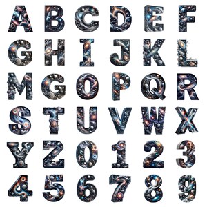 K&ouml;nnte beinhalten: Ein farbenfrohes Alphabet und Zahlen mit Galaxie-Thema. Jeder Buchstabe und jede Zahl ist mit wirbelnden Nebeln, Sternen und Planeten gef&uuml;llt.