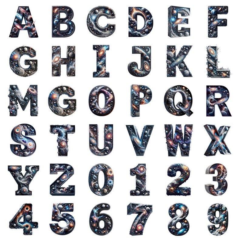 K&ouml;nnte beinhalten: Ein farbenfrohes Alphabet und Zahlen mit Galaxie-Thema. Jeder Buchstabe und jede Zahl ist mit wirbelnden Nebeln, Sternen und Planeten gef&uuml;llt.