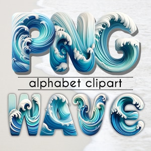 Fonte Ocean Wave 3D PNG Letras, Conjunto de alfabeto de água, Letra de rabisco de praia, Download digital de clipart alfa, Clipart de onda de praia para decoração de festa