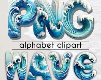 Ocean Wave Font 3D PNG Letters, Water Alphabet Set, Beach Doodle Letter, Alpha Clip Art Digital Download, Beach Wave Clipart for Party Decor