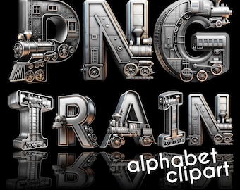 Könnte beinhalten: Ein silbernes 3D-Alphabetsatz mit einem Zugthema. Die Buchstaben sind P, N, G, T, R, A, I und N. Jeder Buchstabe besteht aus Metall und hat eine Lokomotive und Räder. Die Buchstaben befinden sich auf einem schwarzen Hintergrund. Der Text "alphabet clipart" befindet sich unter den Buchstaben.