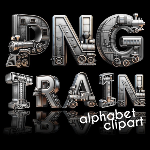 Train PNG, lettres Doodle, police de caractères, lettres 3D, Alphabet PNG, téléchargement numérique, clipart train, train réaliste lettres 3D, art du train