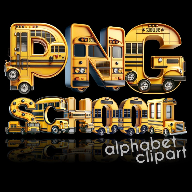 K&ouml;nnte beinhalten: Gelbe Buchstaben im Schulbus-Design, die "PNG SCHOOL" buchstabieren, mit einem Schulbus-Motiv im Hintergrund. Die Buchstaben sind 3D und haben ein gelbes und schwarzes Farbschema.
