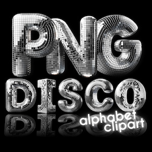 Boule disco PNG, alphabet 3D, griffonnages de lettres, police de caractères, lettres argentées brillantes, lettres 3D, police de caractères groovy, alphabet PNG, police de caractères rétro