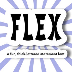 May include: A white speech bubble with black text that reads "FLEX" in a bold, thick-lettered font. Below the text is the phrase "a fun, thick-lettered statement font".