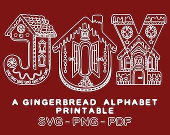 Puede incluir: Letras de galleta de jengibre de contorno blanco que deletrean "JOY" con detalles decorativos como bastones de caramelo, estrellas y ventanas. Un alfabeto de jengibre imprimible SVG, PNG y PDF.
