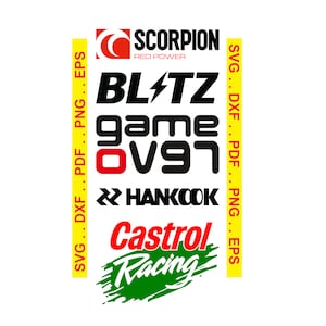 May include: A black and white graphic design with the text "BLITZ game OVER" and the logos "SCORPION RED POWER", "HANKOOK", and "Castrol Racing".