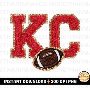 May include: Red and gold glitter letters "KC" with a brown football in the center. The letters are in a varsity style font. The image has the text "INSTANT DOWNLOAD 300 DPI PNG".
