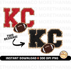 May include: Two digital designs of the letters "KC" in a faux fur style with gold glitter trim. Each design features a brown football with gold glitter trim. The text "Two Designs!" is included in the image.
