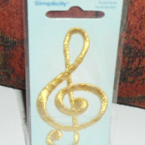 3 Gold Metallic CLEF Note Embroidered iron-on Patches 3 7/8