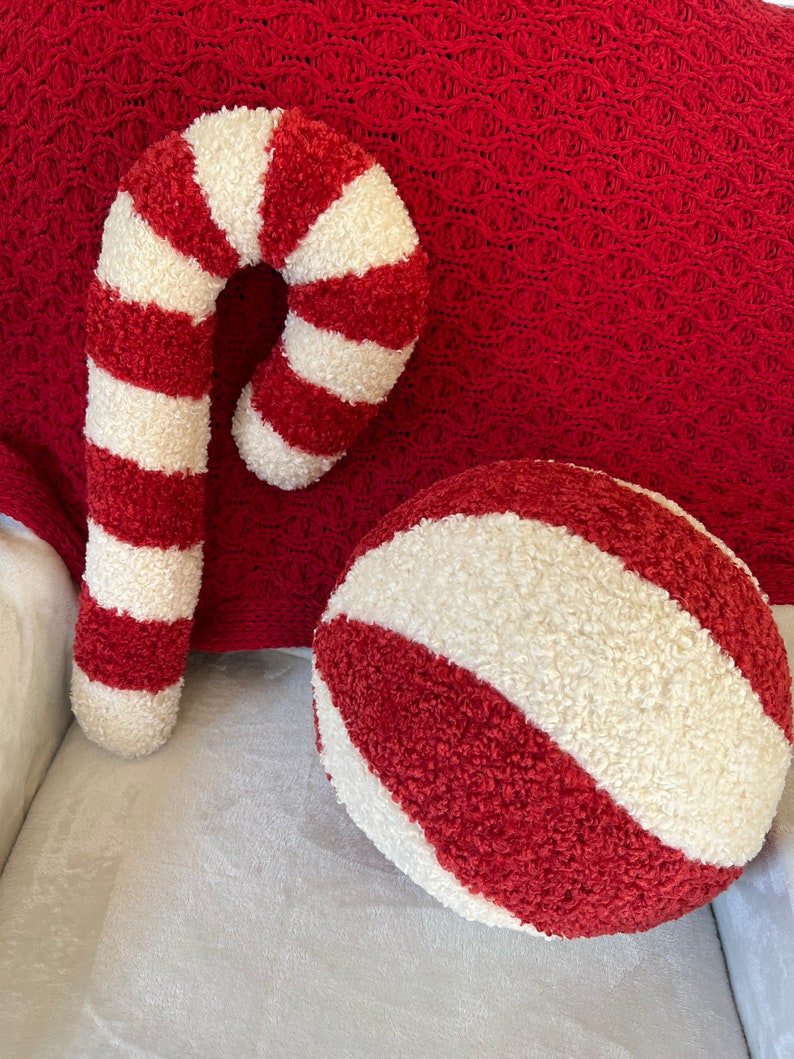 Candy Round Pillow Holiday Pillow Sherpa Candy Cane Pillow Etsy