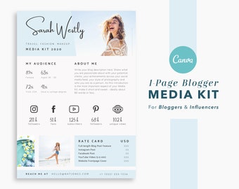 Classic Media Kit Template for Influencers & Bloggers, Single Page, Editable in Canva, Rate Card, Clean, Press Kit, Business, Instagram