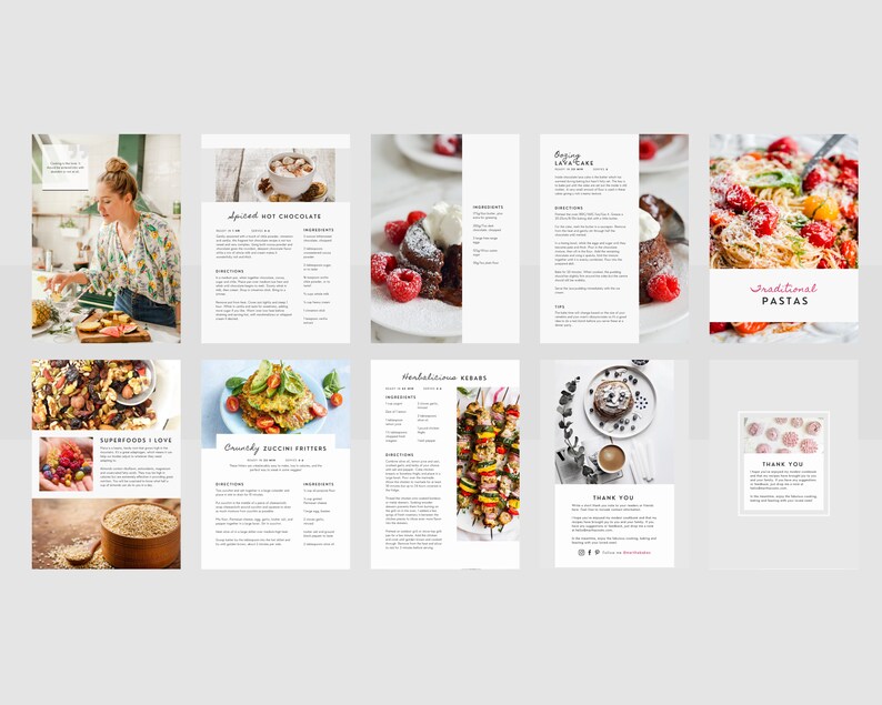 May include: A collection of recipe cards with photos of food and text. The cards include recipes for Spiced Hot Chocolate, Country Zucchini Fritters, Traditional Pastas,  and more.