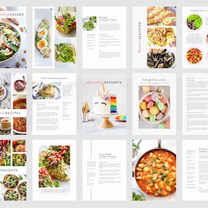 May include: A cookbook with colorful images of food and recipes. The cookbook includes sections for salads, breakfast, vegan delights, seafood, pasta, desserts, and more.