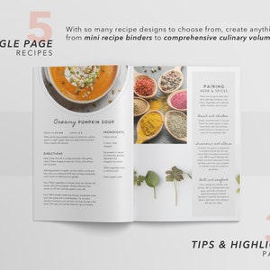 May include: A single page recipe design for creamy pumpkin soup with a photo of the soup and a list of ingredients and directions. The page also includes a section on pairing herbs and spices with the soup.