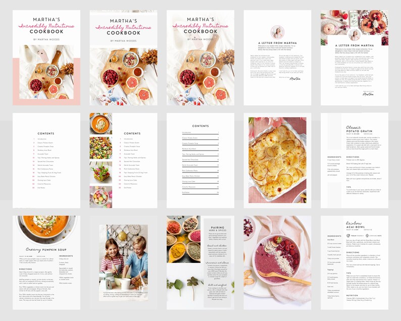 May include: A cookbook titled "Martha's Incredibly Nutritious Cookbook" with a pink and white cover. The book features a variety of recipes, including creamy pumpkin soup, achi bowl, and classic potato gratin. The book also includes a letter from Martha and a table of contents.