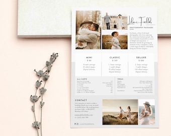 Single Page Photography Pricing Template, Editable in Canva, Price Guide List for Photographers, Clean, Pricing Guide, Photo Price List
