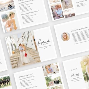 Könnte beinhalten: Eine Broschüre für Antoinette Studios, ein Fotostudio, das sich auf Hochzeitsfotografie spezialisiert hat. Die Broschüre zeigt Bilder von Paaren in verschiedenen Hochzeitskulissen sowie Preisinformationen für verschiedene Fotopakete. Der Text auf der Broschüre enthält den Satz "Hallo, ich bin Antoinette" und eine kurze Beschreibung des Hintergrunds und der Philosophie der Fotografin.