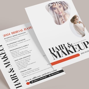 Lista de preços e modelo de folheto para cabelo e maquiagem, Canva, cartão de preços, maquiador, casamento, beleza, download instantâneo, negócios, artista, folheto, noiva