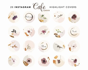 May include: 20 Instagram highlight covers with watercolor floral designs. The covers feature various floral elements, including roses, leaves, and branches, in shades of pink, purple, and brown. The covers are perfect for adding a touch of elegance to your Instagram profile.