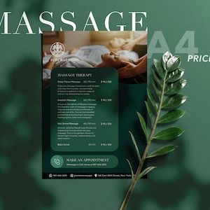 Lista de preços e modelo de folheto de spa de massagem, Canva, tabela de preços, spa, para impressão, salão de beleza, beleza, download instantâneo, negócios, elegante, folheto