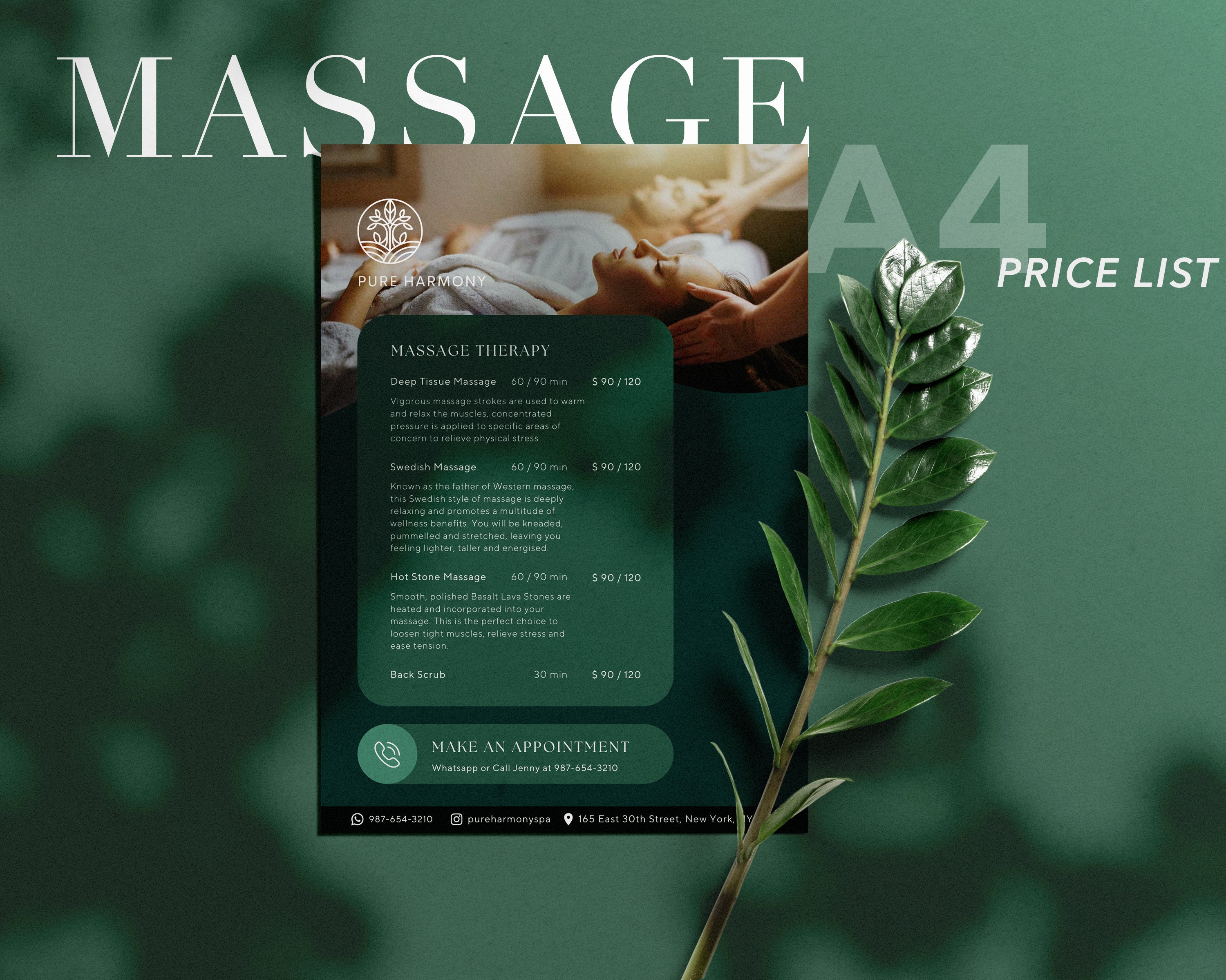 Massage Spa Price List & Flyer Template, Canva, Rate Card, Spa