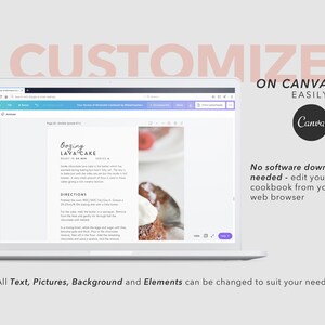 May include: A laptop computer screen displaying a Canva design template for a cookbook. The template features a recipe for Oozing Lava Cake, with a photo of the dessert. The text on the screen reads "Oozing Lava Cake Ready in 20 min Serves 4" and "Directions". The text on the screen also says "Customize on Canva Easily".