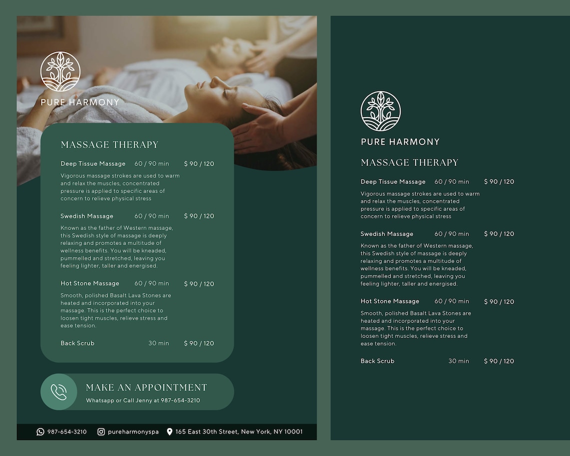 Massage Spa Price List & Flyer Template, Canva, Rate Card, Spa, Printable, Salon, Beauty