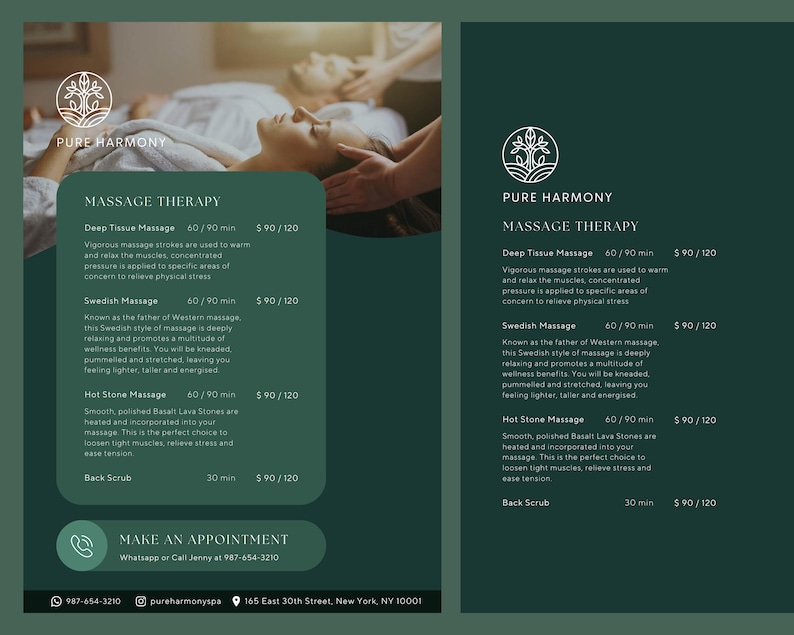 Massage Spa Price List & Flyer Template, Canva, Rate Card, Spa