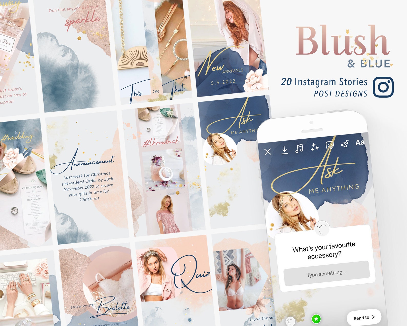 Blush Pink &amp; Blue 20 Instagram Story Template, Editable in Canva, IG ...