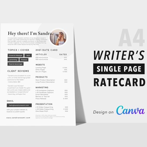 Writer's Single Page Rate Card Template, Editable in Canva, Price List, Clean, Pricing Guide, Copywriting, Marketing, Media Kit, Resume, CV