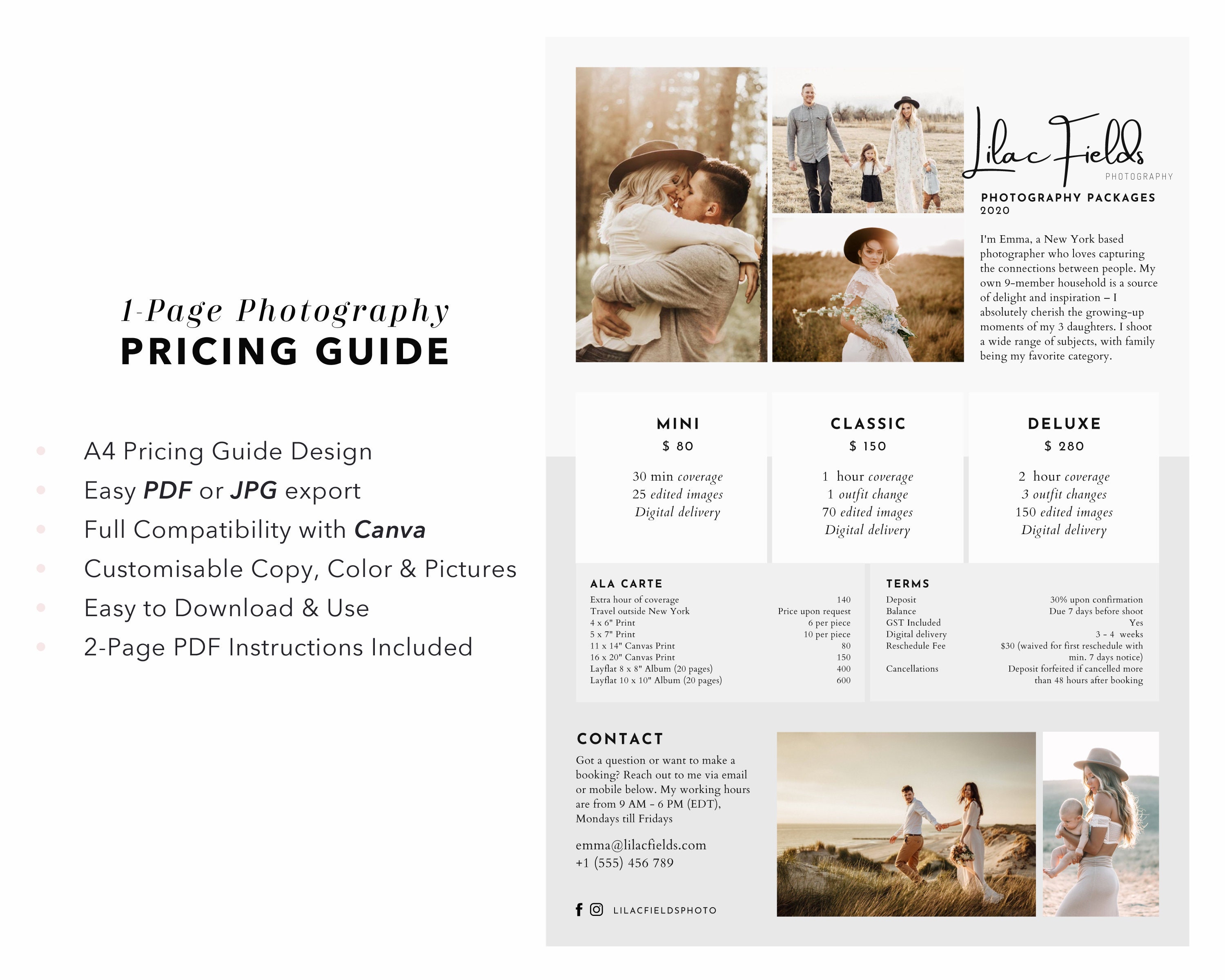 Single Page Photography Pricing Template, Editable in Canva, Price Guide  List for Photographers, Clean, Pricing Guide, Photo Price List - Etsy, image size:3000x2400