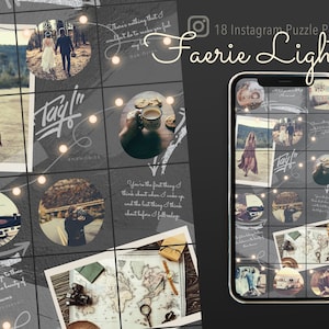 Puede incluir: Un collage de 18 publicaciones de Instagram en forma de rompecabezas con un fondo negro y luces de hadas blancas. Las imágenes incluyen una pareja caminando en un bosque, una mujer con un vestido, una taza de café, un tocadiscos, un mapa y un coche vintage. El texto "Faerie Lights" está escrito en blanco con letra cursiva en la parte superior del collage.