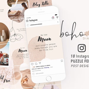Boho Diaries 18 Instagram Puzzle Feed Post Template, Editable in Canva, IG Template, Watercolor, Floral, Bohemian, Abstract, Boho, Neutral
