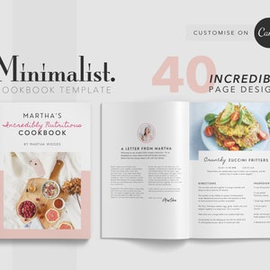 May include: A pink and white cookbook template with the title "Martha's Incredibly Nutritious Cookbook" by Martha Woods. The cover features a flat lay of a wooden cutting board with a bowl of raspberries, a bowl of honey, a bowl of granola, a grapefruit, and a smartphone. The inside pages show a recipe for Crunchy Zucchini Fritters with a photo of the dish.