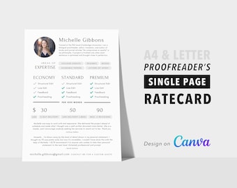 Modello di tariffario per pagina singola del correttore di bozze, modificabile in Canva, listino prezzi, guida ai prezzi, editing, marketing, editor, curriculum, correzione di bozze