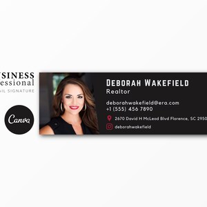 May include: A black and red business card with a woman's headshot, the text "DEBORAH WAKEFIELD Realtor" and contact information including an email address, phone number, and physical address. The ERA Real Estate logo is in the top right corner.