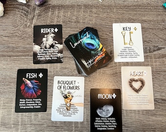 May include: A spread of Lenormand cards featuring images of a rider, fish, bouquet of flowers, moon, key, and heart. Each card has a black diamond symbol in the top right corner and text describing the card's meaning.