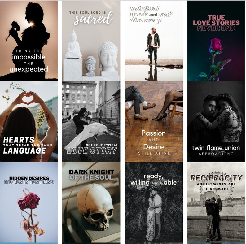 May include: A collage of images with text overlays, each depicting a different theme of love and relationships. The images include a couple holding hands, a heart shape made with hands, a skull, a rose, and a couple standing on a bridge. The text overlays include phrases like "True Love Stories Never End", "Twin Flame Union Approaching", "Dark Knight of the Soul", and "Hearts That Speak the Same Language".