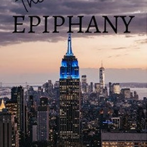 May include: A panoramic view of the New York City skyline at sunset, with the Empire State Building illuminated in blue in the foreground.